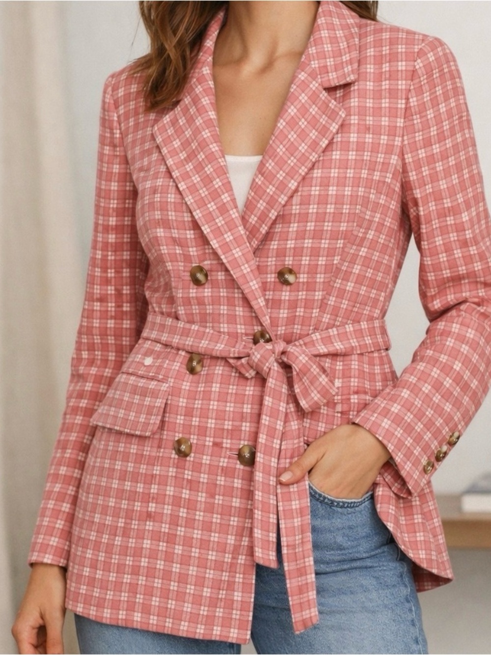 Free People Rose Plaid Belted Blazer